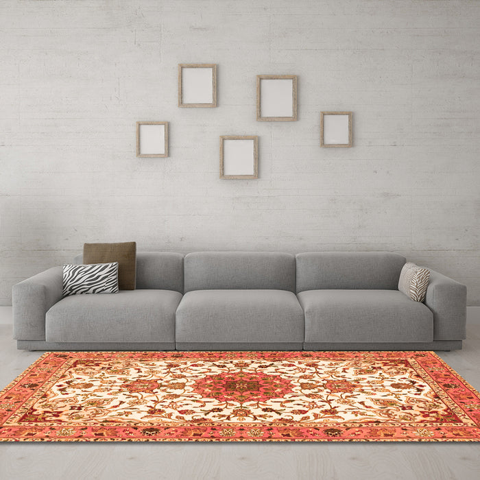 Machine Washable Medallion Orange Traditional Area Rugs in a Living Room, wshtr4734org