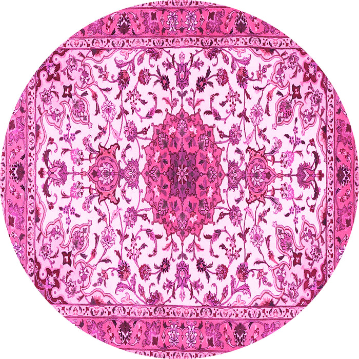 Round Machine Washable Medallion Pink Traditional Rug, wshtr4734pnk