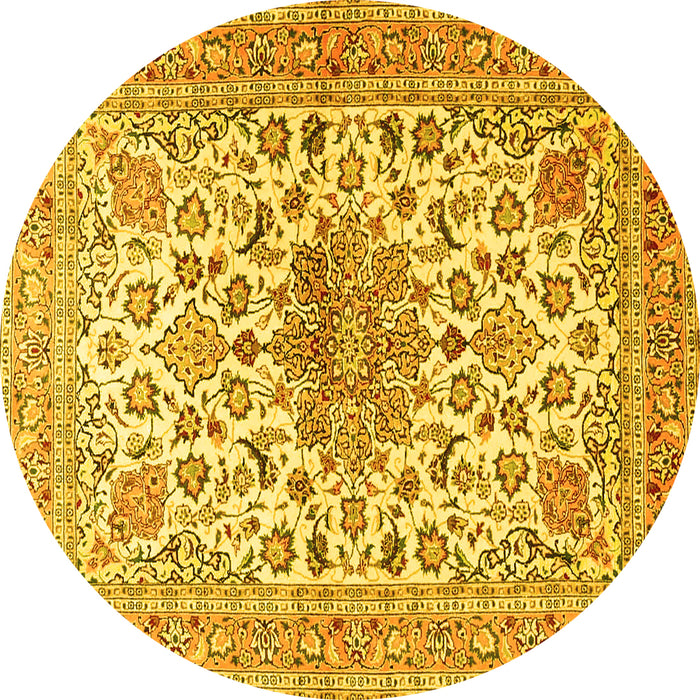 Round Machine Washable Medallion Yellow Traditional Rug, wshtr4735yw