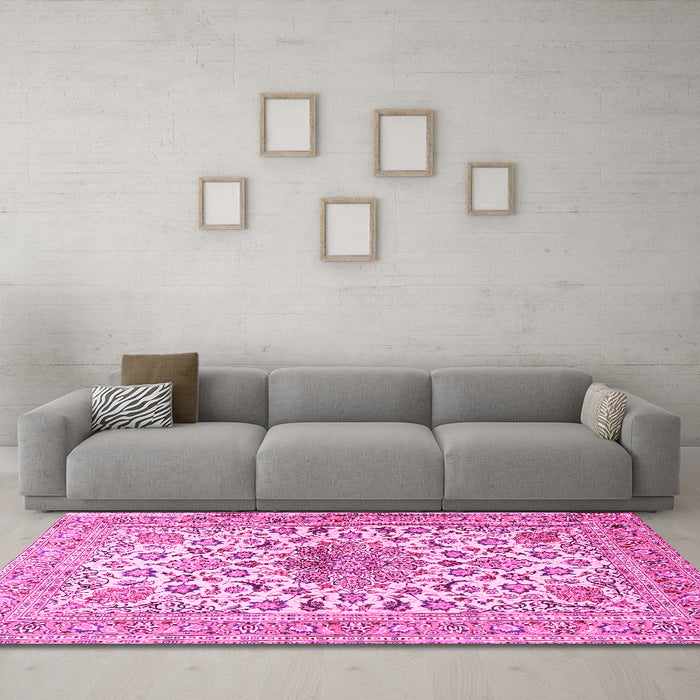 Machine Washable Medallion Pink Traditional Rug in a Living Room, wshtr4735pnk