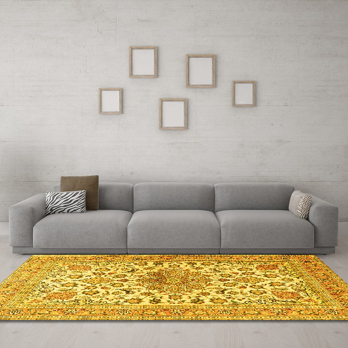 Machine Washable Medallion Yellow Traditional Rug in a Living Room, wshtr4735yw