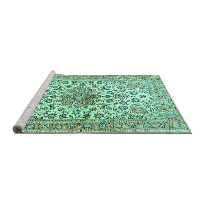 Sideview of Machine Washable Medallion Turquoise Traditional Area Rugs, wshtr4735turq