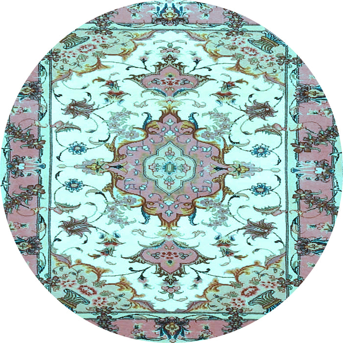 Round Machine Washable Medallion Light Blue Traditional Rug, wshtr4736lblu