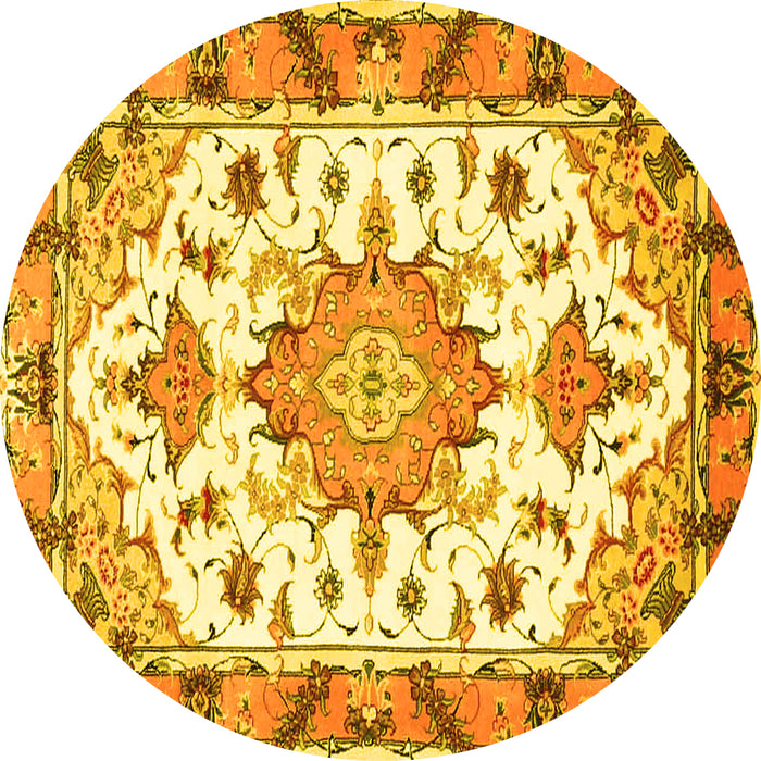 Round Machine Washable Medallion Yellow Traditional Rug, wshtr4736yw