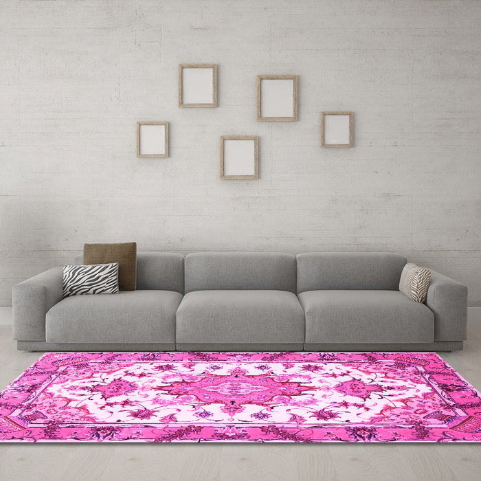 Machine Washable Medallion Pink Traditional Rug in a Living Room, wshtr4736pnk