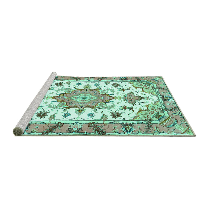 Sideview of Machine Washable Medallion Turquoise Traditional Area Rugs, wshtr4736turq