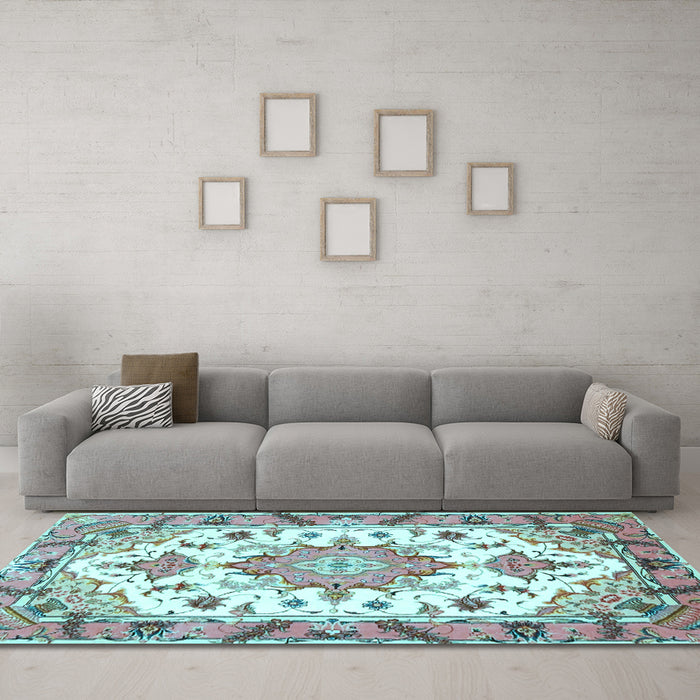 Machine Washable Medallion Light Blue Traditional Rug in a Living Room, wshtr4736lblu