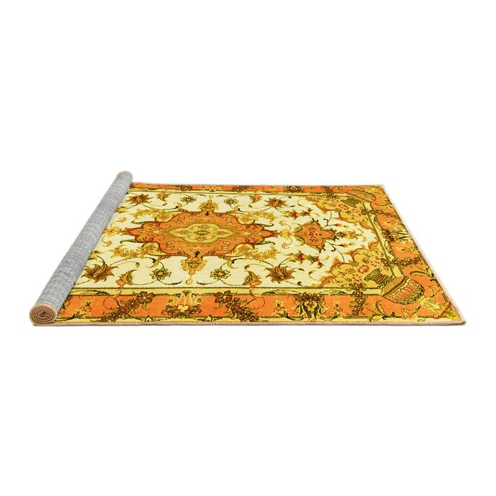 Sideview of Machine Washable Medallion Yellow Traditional Rug, wshtr4736yw