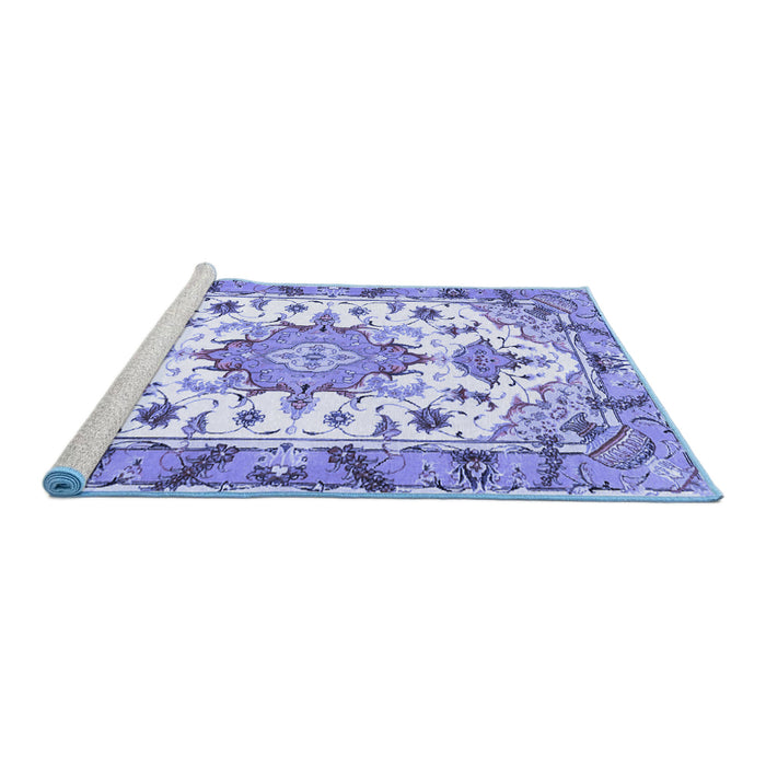 Sideview of Machine Washable Medallion Blue Traditional Rug, wshtr4736blu