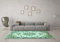 Machine Washable Medallion Turquoise Traditional Area Rugs in a Living Room,, wshtr4736turq