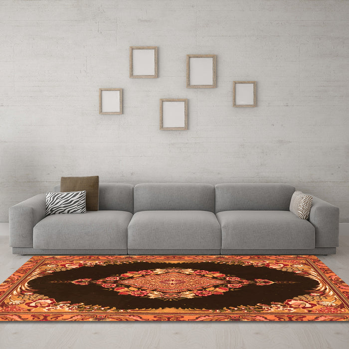 Machine Washable Medallion Orange Traditional Area Rugs in a Living Room, wshtr4737org