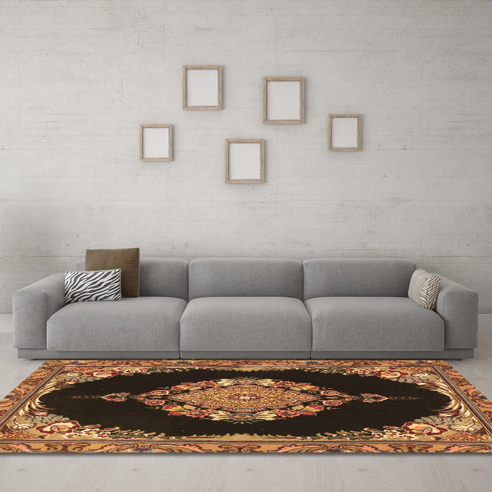 Machine Washable Medallion Brown Traditional Rug in a Living Room,, wshtr4737brn