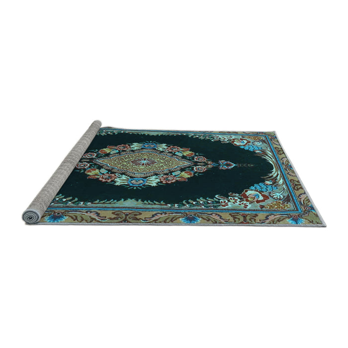 Sideview of Machine Washable Medallion Light Blue Traditional Rug, wshtr4737lblu