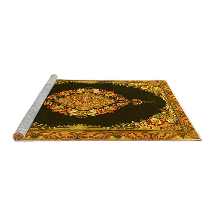 Sideview of Machine Washable Medallion Yellow Traditional Rug, wshtr4737yw