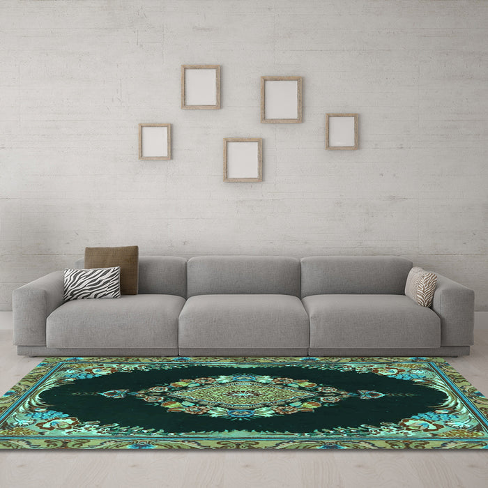 Machine Washable Medallion Turquoise Traditional Area Rugs in a Living Room,, wshtr4737turq
