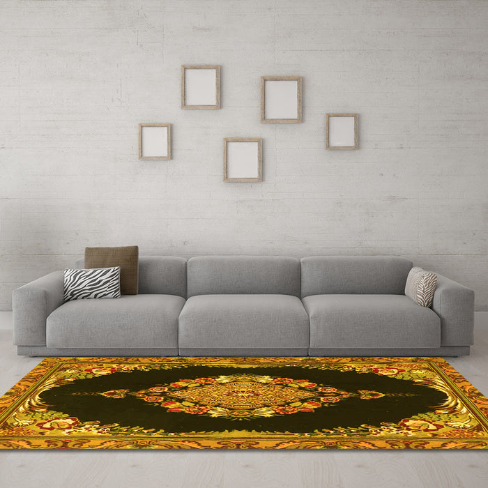 Machine Washable Medallion Yellow Traditional Rug in a Living Room, wshtr4737yw