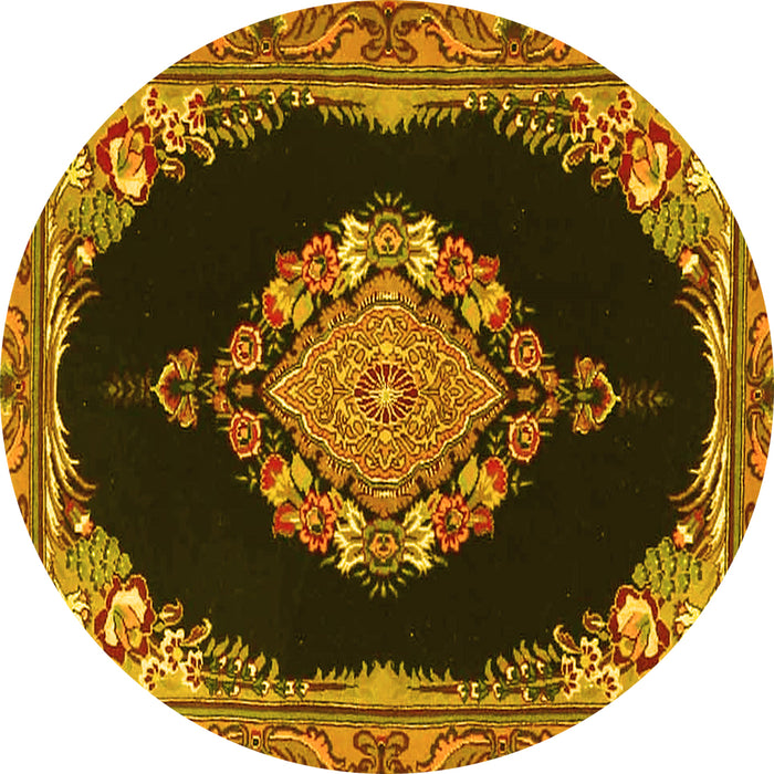 Round Machine Washable Medallion Yellow Traditional Rug, wshtr4737yw