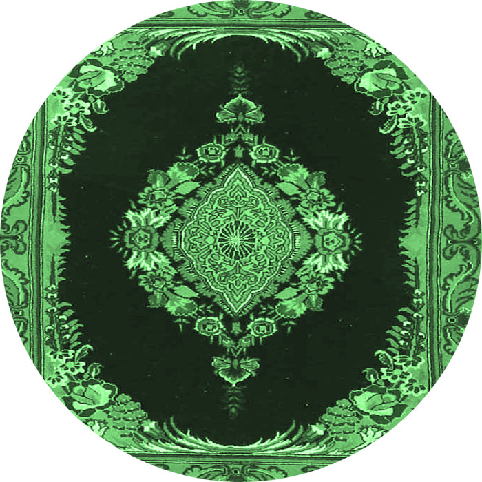 Round Machine Washable Medallion Emerald Green Traditional Area Rugs, wshtr4737emgrn