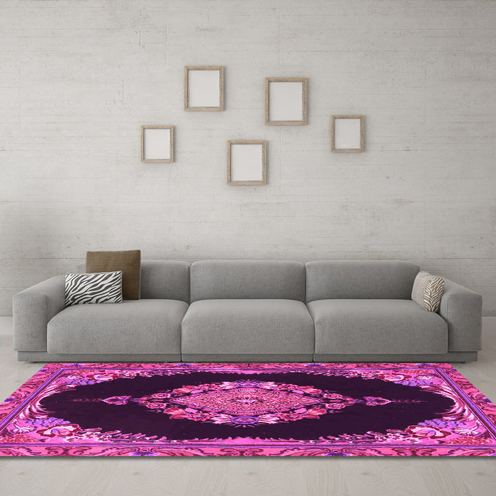 Machine Washable Medallion Pink Traditional Rug in a Living Room, wshtr4737pnk