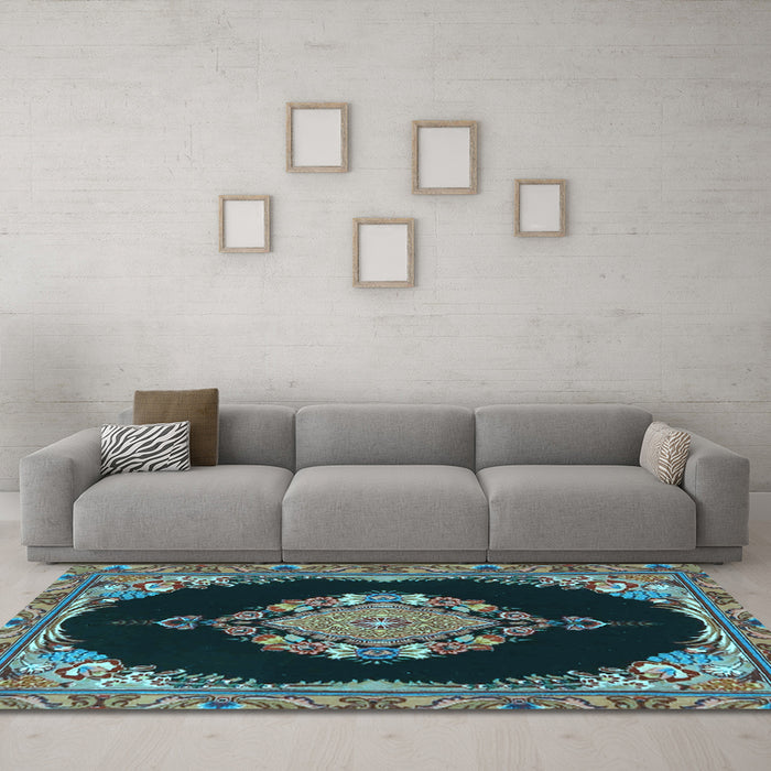 Machine Washable Medallion Light Blue Traditional Rug in a Living Room, wshtr4737lblu