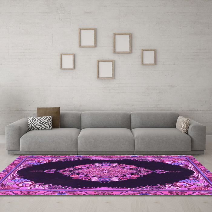 Machine Washable Medallion Purple Traditional Area Rugs in a Living Room, wshtr4737pur