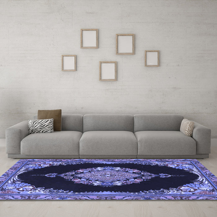 Machine Washable Medallion Blue Traditional Rug in a Living Room, wshtr4737blu