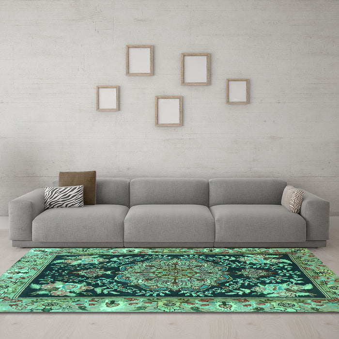 Machine Washable Medallion Turquoise Traditional Area Rugs in a Living Room,, wshtr4738turq