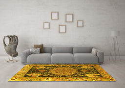 Machine Washable Medallion Yellow Traditional Rug in a Living Room, wshtr4738yw