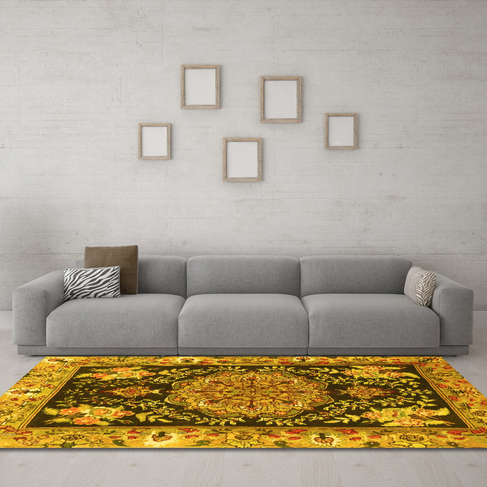Machine Washable Medallion Yellow Traditional Rug in a Living Room, wshtr4738yw