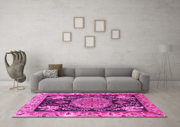 Machine Washable Medallion Pink Traditional Rug in a Living Room, wshtr4738pnk