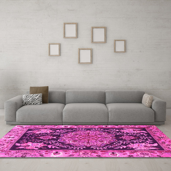 Machine Washable Medallion Pink Traditional Rug in a Living Room, wshtr4738pnk