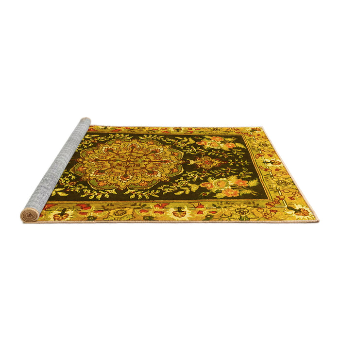 Sideview of Machine Washable Medallion Yellow Traditional Rug, wshtr4738yw