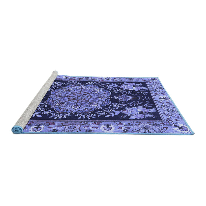 Sideview of Machine Washable Medallion Blue Traditional Rug, wshtr4738blu