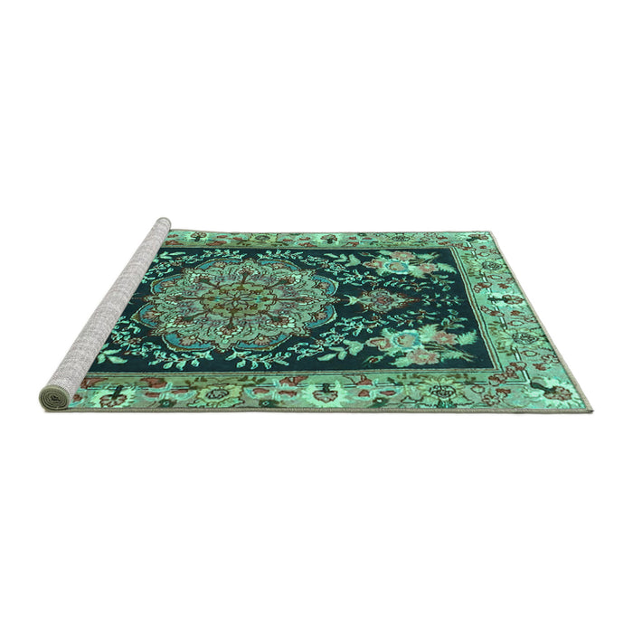 Sideview of Machine Washable Medallion Turquoise Traditional Area Rugs, wshtr4738turq