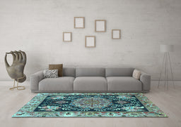 Machine Washable Medallion Light Blue Traditional Rug in a Living Room, wshtr4738lblu
