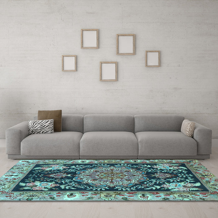 Machine Washable Medallion Light Blue Traditional Rug in a Living Room, wshtr4738lblu