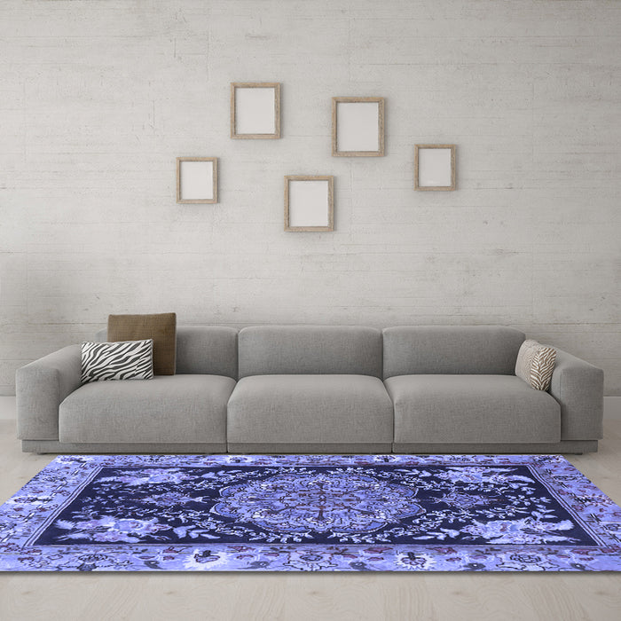 Machine Washable Medallion Blue Traditional Rug in a Living Room, wshtr4738blu