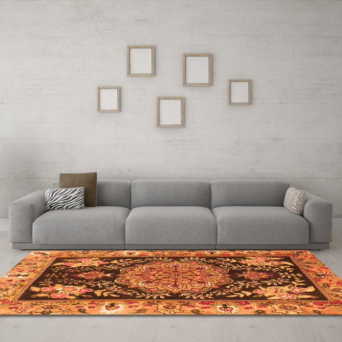 Machine Washable Medallion Orange Traditional Area Rugs in a Living Room, wshtr4738org