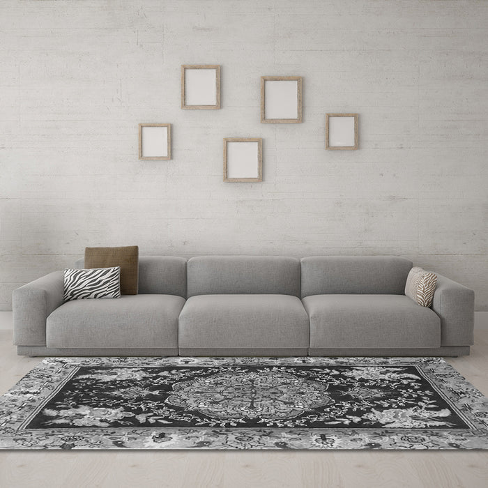 Machine Washable Medallion Gray Traditional Rug in a Living Room,, wshtr4738gry