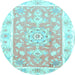 Round Machine Washable Medallion Light Blue Traditional Rug, wshtr4739lblu