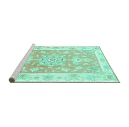 Sideview of Machine Washable Medallion Turquoise Traditional Area Rugs, wshtr4739turq