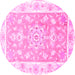 Round Machine Washable Medallion Pink Traditional Rug, wshtr4739pnk