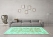 Machine Washable Medallion Turquoise Traditional Area Rugs in a Living Room,, wshtr4739turq