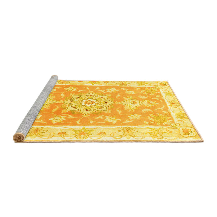 Sideview of Machine Washable Medallion Yellow Traditional Rug, wshtr4739yw