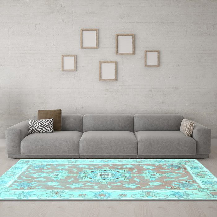 Machine Washable Medallion Light Blue Traditional Rug in a Living Room, wshtr4739lblu