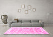 Machine Washable Medallion Pink Traditional Rug in a Living Room, wshtr4739pnk