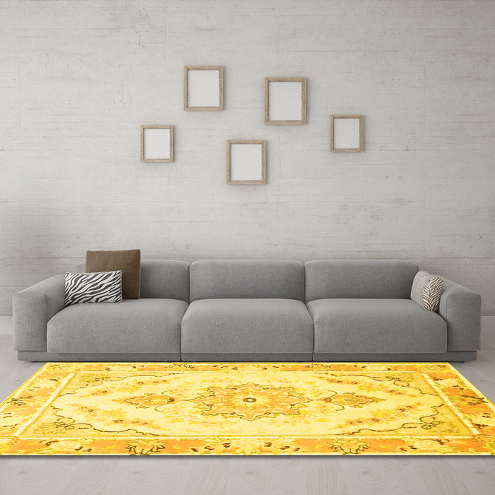 Machine Washable Persian Yellow Traditional Rug in a Living Room, wshtr4740yw