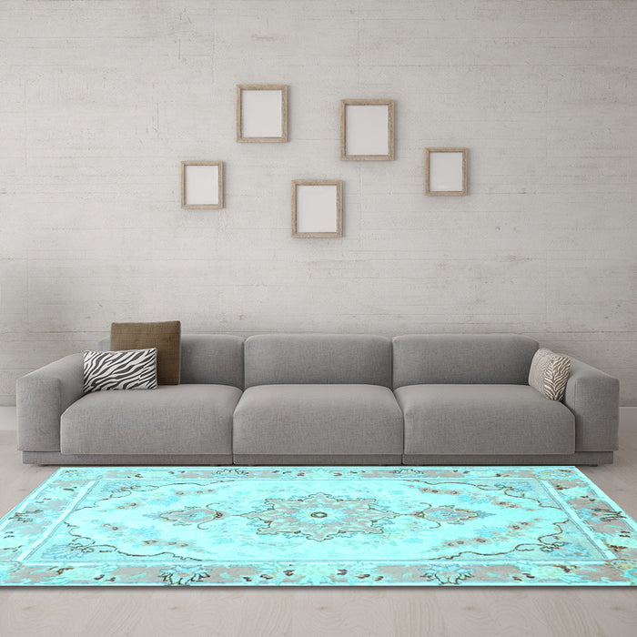 Machine Washable Persian Light Blue Traditional Rug in a Living Room, wshtr4740lblu