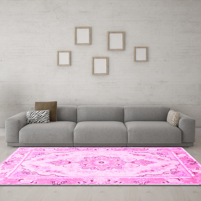 Machine Washable Persian Pink Traditional Rug in a Living Room, wshtr4740pnk