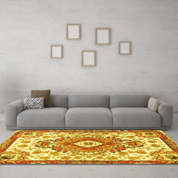 Machine Washable Persian Yellow Traditional Rug in a Living Room, wshtr4741yw